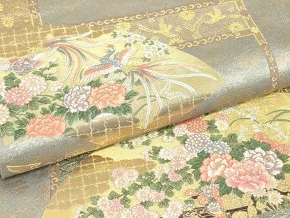 平和屋着物▼六通柄袋帯　綾細羅錦　地紙花鳥文　金糸　正絹　逸品　DABJ1562az