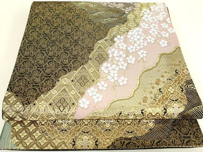 平和屋着物▼六通柄袋帯　道長枝垂れ桜　金糸　正絹　逸品　DABJ1566az