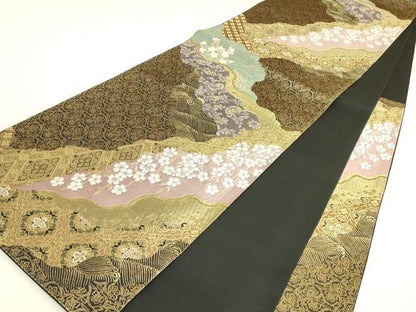 平和屋着物▼六通柄袋帯　道長枝垂れ桜　金糸　正絹　逸品　DABJ1566az