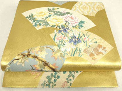 平和屋着物▼六通柄袋帯　地紙花鳥文　金糸　引箔　正絹　逸品　DABJ1567az