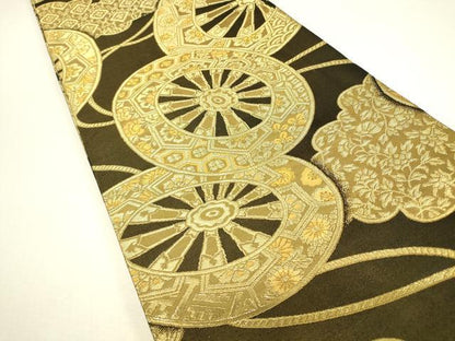 平和屋着物▼丸帯　源氏車花文　金糸　正絹　逸品　DABJ1568az