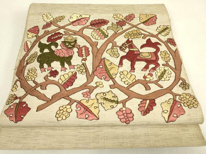 平和屋着物▼総刺繍　八寸名古屋帯　鳥獣葡萄唐草　金糸　正絹　逸品　DABJ1587az