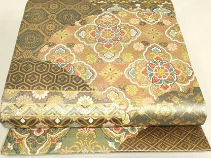 平和屋着物▼六通柄袋帯　正倉院花文　金糸　正絹　逸品　DABJ1599az