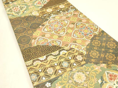 平和屋着物▼六通柄袋帯　正倉院花文　金糸　正絹　逸品　DABJ1599az