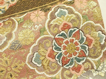 平和屋着物▼六通柄袋帯　正倉院花文　金糸　正絹　逸品　DABJ1599az