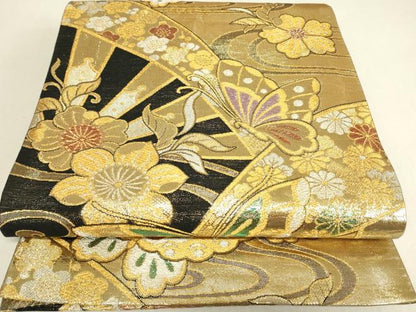 平和屋着物▼佐賀錦　両面　六通柄袋帯　舞蝶花文　金糸　正絹　逸品　DABJ1601az