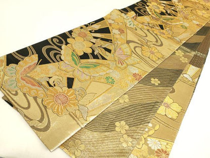 平和屋着物▼佐賀錦　両面　六通柄袋帯　舞蝶花文　金糸　正絹　逸品　DABJ1601az