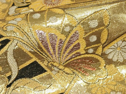 平和屋着物▼佐賀錦　両面　六通柄袋帯　舞蝶花文　金糸　正絹　逸品　DABJ1601az