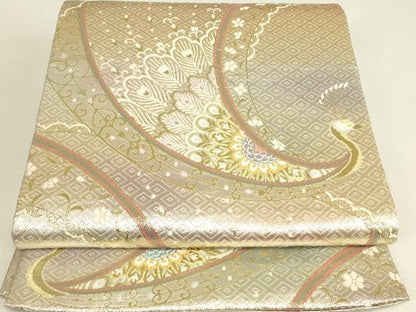 平和屋着物▼佐賀錦　六通柄袋帯　孔雀花文　金糸　正絹　逸品　DABJ1603az