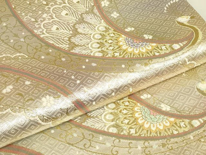 平和屋着物▼佐賀錦　六通柄袋帯　孔雀花文　金糸　正絹　逸品　DABJ1603az