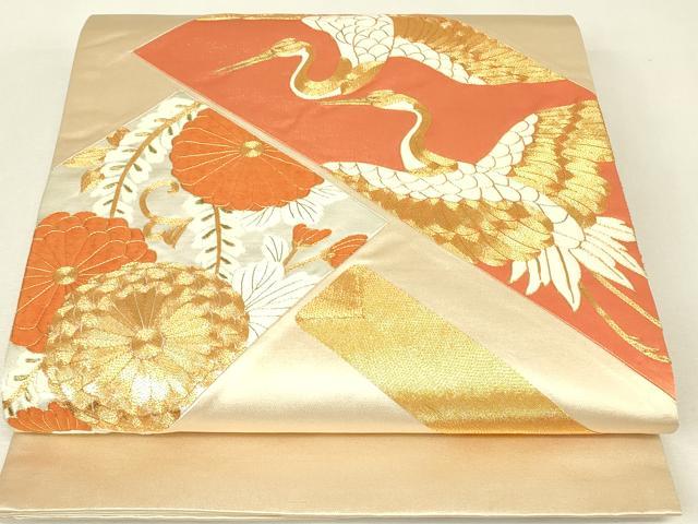 平和屋着物▼太鼓柄袋帯　総刺繍　駒刺繍　舞鶴菊文　金糸　正絹　逸品　DABJ1608az