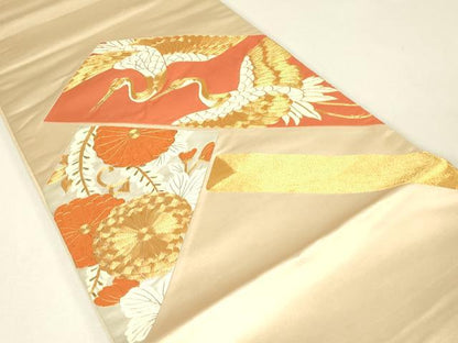 平和屋着物▼太鼓柄袋帯　総刺繍　駒刺繍　舞鶴菊文　金糸　正絹　逸品　DABJ1608az