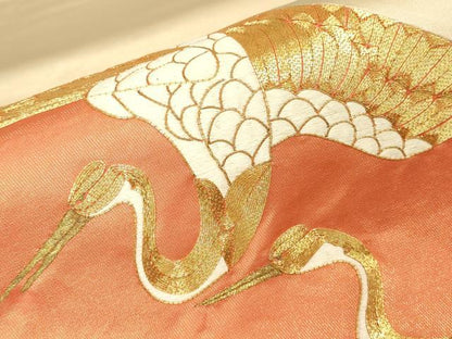 平和屋着物▼太鼓柄袋帯　総刺繍　駒刺繍　舞鶴菊文　金糸　正絹　逸品　DABJ1608az