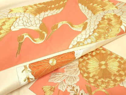 平和屋着物▼太鼓柄袋帯　総刺繍　駒刺繍　舞鶴菊文　金糸　正絹　逸品　DABJ1608az