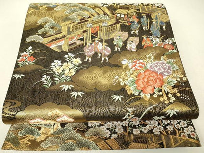 平和屋本店▼六通柄袋帯　壱阡貮佰　本金箔二重　人物風景文　正絹　逸品　DABJ1628az