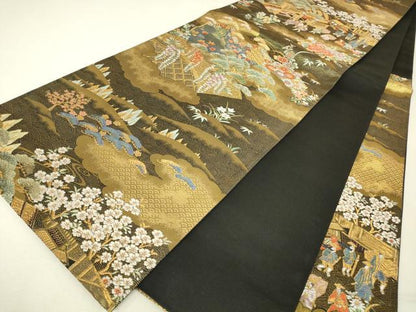 平和屋本店▼六通柄袋帯　壱阡貮佰　本金箔二重　人物風景文　正絹　逸品　DABJ1628az