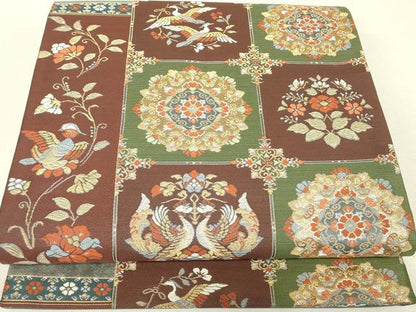 平和屋着物▼六通柄袋帯　正倉院向かい鳥花文　金銀糸　正絹　逸品　DABJ1632az