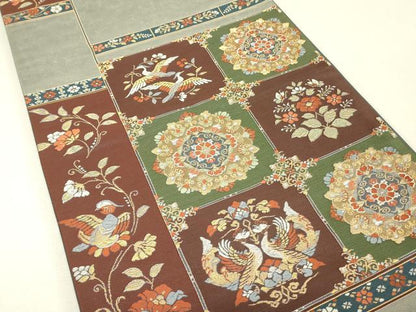平和屋着物▼六通柄袋帯　正倉院向かい鳥花文　金銀糸　正絹　逸品　DABJ1632az