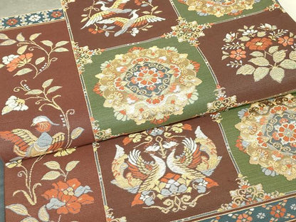 平和屋着物▼六通柄袋帯　正倉院向かい鳥花文　金銀糸　正絹　逸品　DABJ1632az