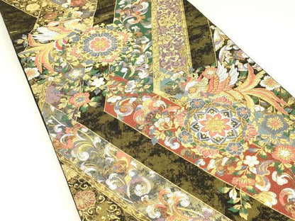 平和屋着物▼六通柄袋帯　花喰い鳥　金糸　引箔　正絹　逸品　DABJ1693az