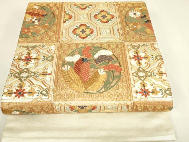 平和屋着物▼総刺繍　太鼓柄袋帯　格天井花文　金糸　正絹　逸品　DABJ1695az