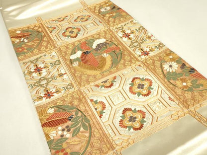 平和屋着物▼総刺繍　太鼓柄袋帯　格天井花文　金糸　正絹　逸品　DABJ1695az