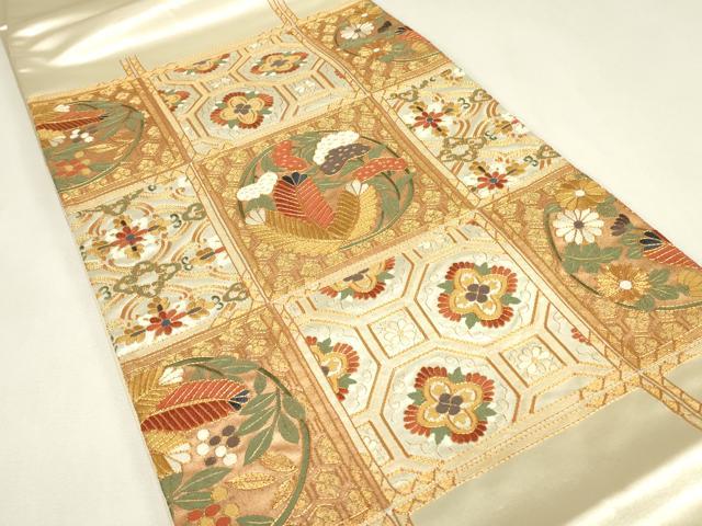 平和屋着物▼総刺繍　太鼓柄袋帯　格天井花文　金糸　正絹　逸品　DABJ1695az