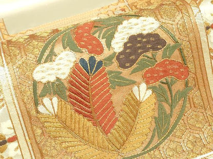 平和屋着物▼総刺繍　太鼓柄袋帯　格天井花文　金糸　正絹　逸品　DABJ1695az