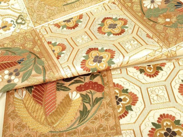 平和屋着物▼総刺繍　太鼓柄袋帯　格天井花文　金糸　正絹　逸品　DABJ1695az