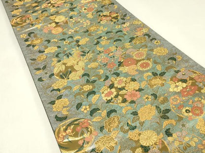 平和屋着物▼六通柄袋帯　秀宝花丸紋　彫金　正絹　逸品　DABJ1720az