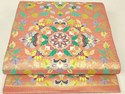 平和屋着物▼佐賀錦　六通柄袋帯　更紗花文　金糸　正絹　逸品　DABJ1729az