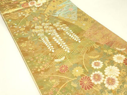 平和屋着物▼六通柄袋帯　枝垂れ藤　金糸　正絹　逸品　DABJ1730az