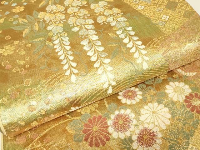 平和屋着物▼六通柄袋帯　枝垂れ藤　金糸　正絹　逸品　DABJ1730az