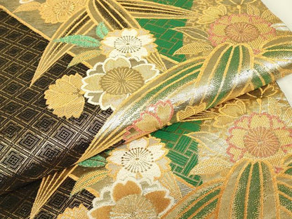 平和屋着物▼佐賀錦　六通柄袋帯　笹竹花文　金糸　正絹　逸品　DABJ1731az