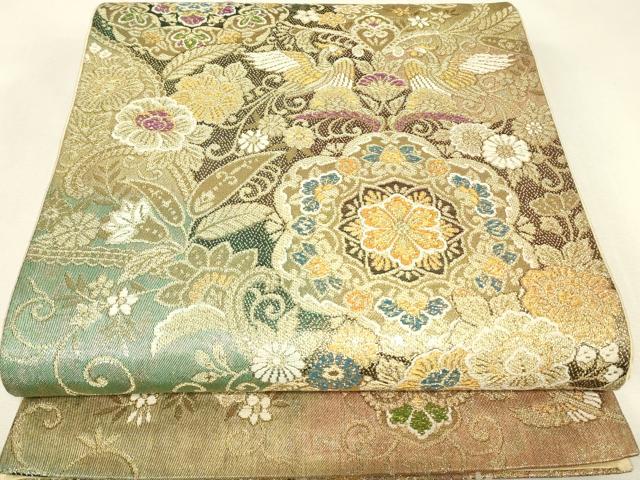 平和屋着物▼六通柄袋帯　正倉院向かい鳥花文　金糸　正絹　逸品　DABJ1743az