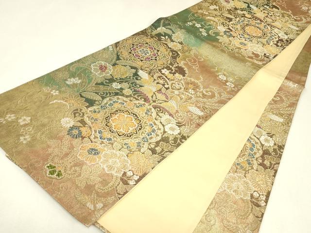 平和屋着物▼六通柄袋帯　正倉院向かい鳥花文　金糸　正絹　逸品　DABJ1743az