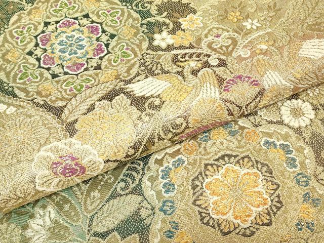 平和屋着物▼六通柄袋帯　正倉院向かい鳥花文　金糸　正絹　逸品　DABJ1743az