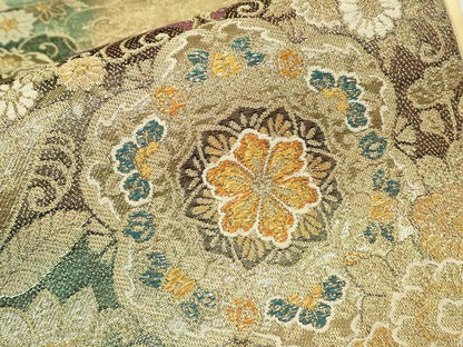 平和屋着物▼六通柄袋帯　正倉院向かい鳥花文　金糸　正絹　逸品　DABJ1743az