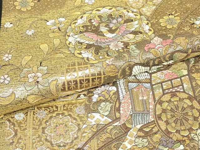 平和屋着物▼六通柄袋帯　御所車鳳凰花文　金糸　正絹　逸品　DABJ1744az