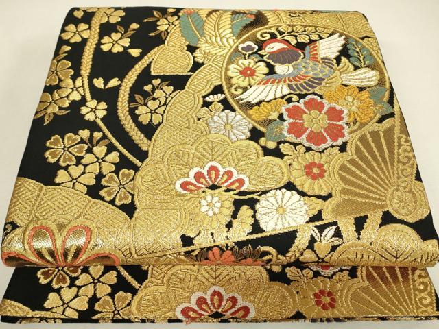 平和屋着物▼六通柄袋帯　檜扇鴛鴦花文　黒地　金糸　正絹　逸品　DABJ1767az