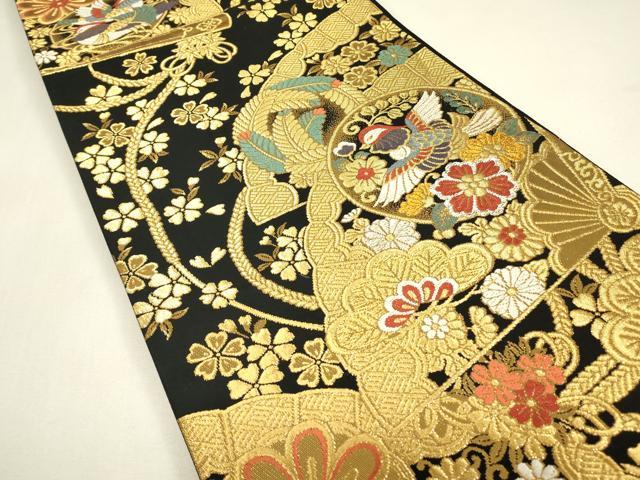 平和屋着物▼六通柄袋帯　檜扇鴛鴦花文　黒地　金糸　正絹　逸品　DABJ1767az