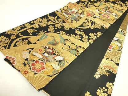平和屋着物▼六通柄袋帯　檜扇鴛鴦花文　黒地　金糸　正絹　逸品　DABJ1767az