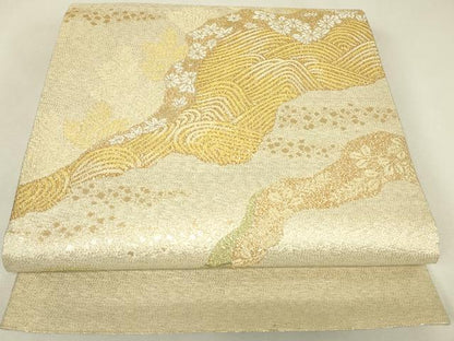 平和屋着物▼明綴　太鼓柄袋帯　プラチナ箔　道長花文　金糸　正絹　逸品　DABJ1775az