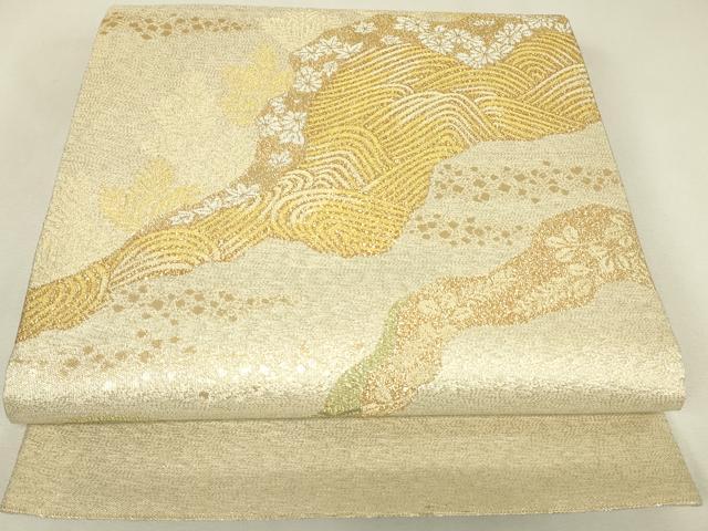 平和屋着物▼明綴　太鼓柄袋帯　プラチナ箔　道長花文　金糸　正絹　逸品　DABJ1775az