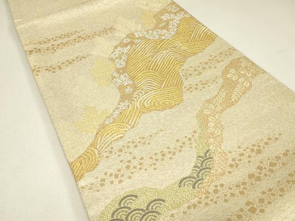 平和屋着物▼明綴　太鼓柄袋帯　プラチナ箔　道長花文　金糸　正絹　逸品　DABJ1775az