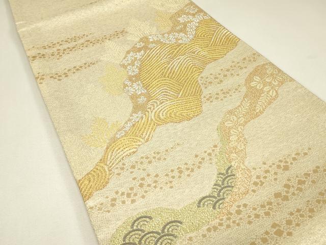 平和屋着物▼明綴　太鼓柄袋帯　プラチナ箔　道長花文　金糸　正絹　逸品　DABJ1775az