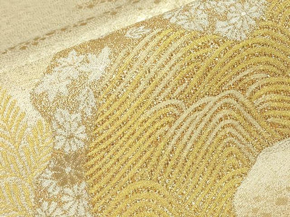 平和屋着物▼明綴　太鼓柄袋帯　プラチナ箔　道長花文　金糸　正絹　逸品　DABJ1775az