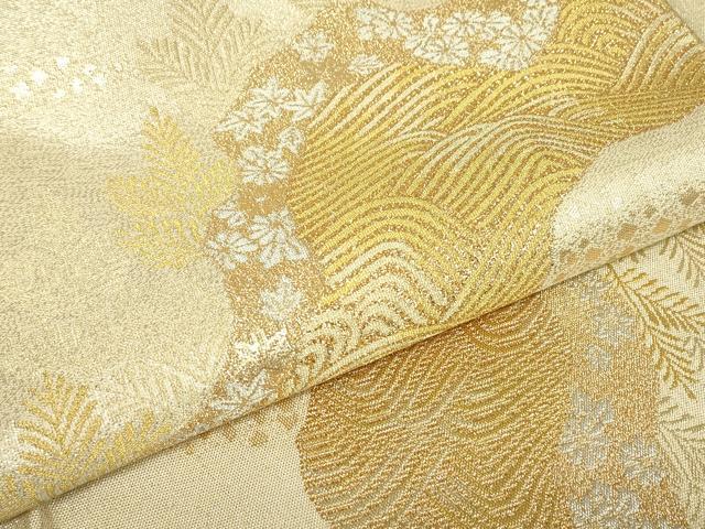 平和屋着物▼明綴　太鼓柄袋帯　プラチナ箔　道長花文　金糸　正絹　逸品　DABJ1775az