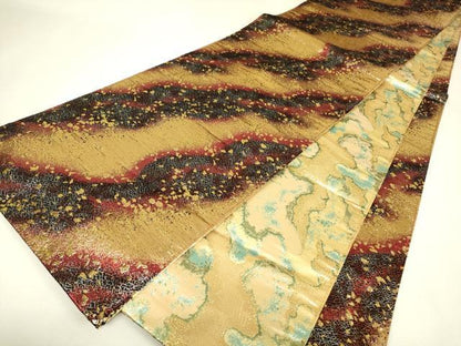 平和屋着物▼両面　全通柄袋帯　霞箔散らし　金糸　長尺　正絹　逸品　DABJ1776az