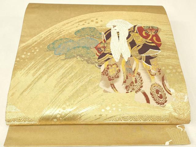 平和屋着物▼太鼓柄袋帯　塗金引箔　鏡獅子　正絹　逸品　DABJ1805az